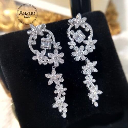 Aazuo 18K Pure Solid White Gold Real Diamonds 1.0ct Luxury Flower Stud Earrings Gift For Women Engagement Party Pure 18k Lock
