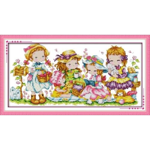 Everlasting Love Happy Girls Chinese Cross Stitch Kits Ecological Cotton Stamped 14CT 11CT DIY Gift Wedding Decoration For Home