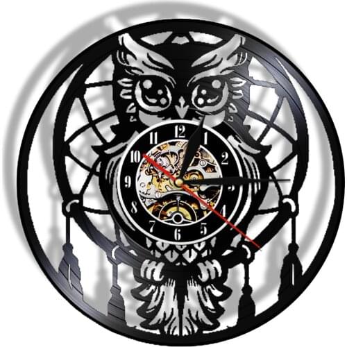 Owl Laser Engraved Vinyl Wall Clock Strigiformes Modern Design LED Watch Bedside Night Light Lamp with Remote Control