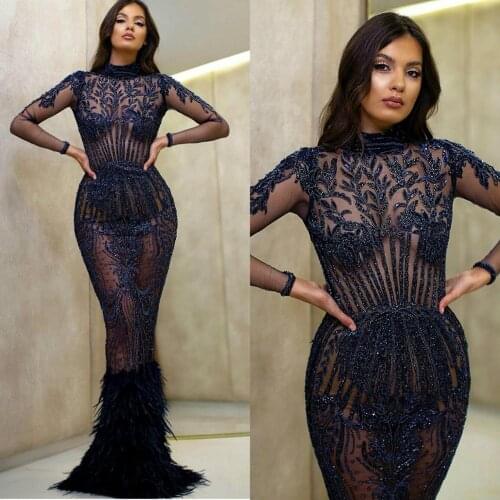 Yousef Aljasmi Charbel Zoe Navy Evening Dresses Major Beaded Feather High Neck Mermaid Prom Dress Sweep Train Party Celebrity