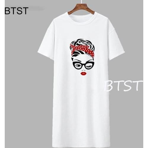 Mom with bandana Woman head Korean Kpop Summer Beach Mini Dress Short Sleeve Dresses Casual Loose Female t-shirt dress