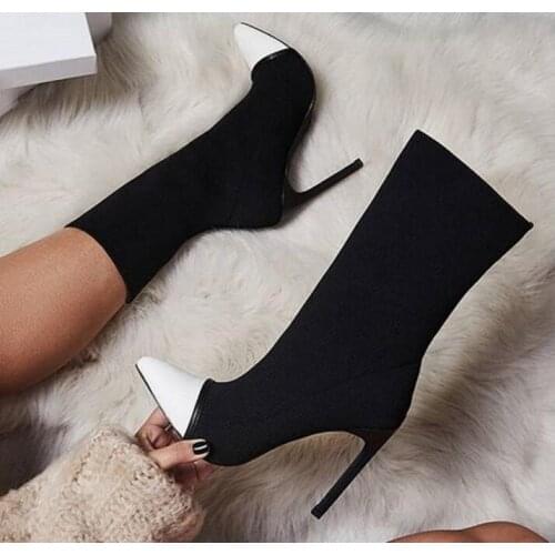 New Arrivals Black White Stretch Thigh Boots Pointed Toe Sock Boots Women Patchwork Slip-on Autumn Winter Women Ankle Boots