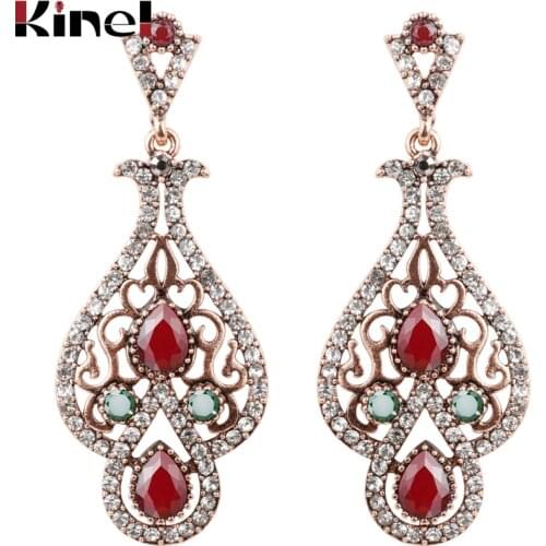 Kinel New Arrivals Bohemia Earrings For Women Red Crystal Vintage Jewelry Fashion Antique Gold Ethnic Pendant Earring Party Gift