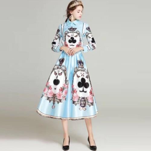 New 2017 women design fashion Suit sets Turn-down Collar Long sleeve shirt tops+Elegant blue print skirt Casual 2 piece set