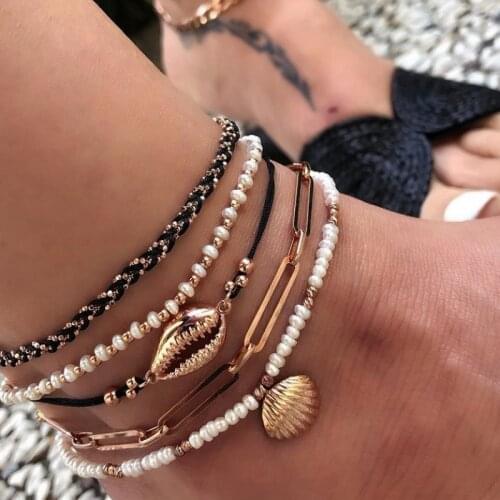 ZOSHI Multi Layered Gold Shell Pendant Chains Ankle Bracelet On Leg Boho Pearl Beads Anklet for Women Summer Beach Foot Jewelry
