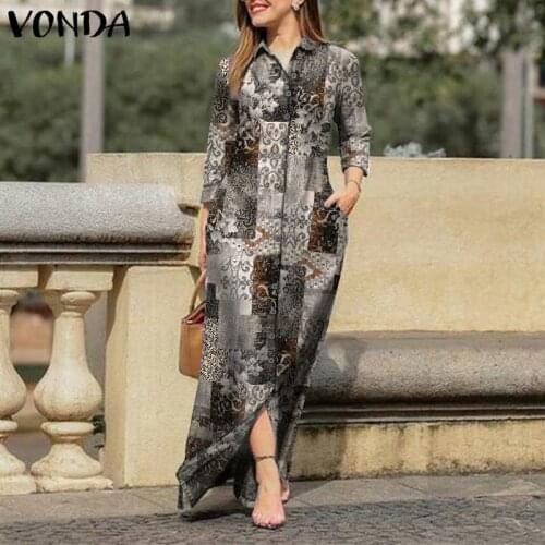 Women Sundress Casual Cotton Long Maxi Dresses VONDA Casual Lapel Collar Button Up Vintage Floral Printed Robe Bohemian Vestidos