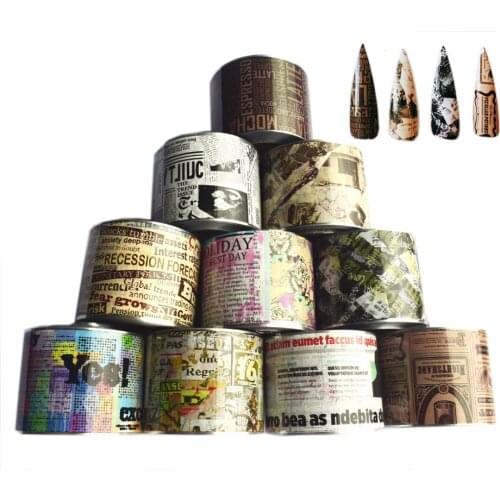 10Rolls Vintage Newspaper Nail Foil 50M*4CM Transfer Sticker Letters Ticket Map Decal Starry Paper Lacquer Adhesive Wrap Set