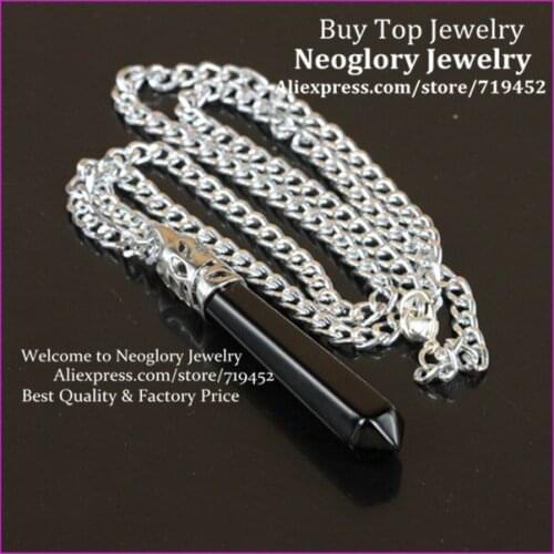 10PCS Natural Black Stone Gems Long Point Pendulum Pendant,Hexagon Healing Chakra Reiki Quartz Wand Pendulum Pendant Necklace