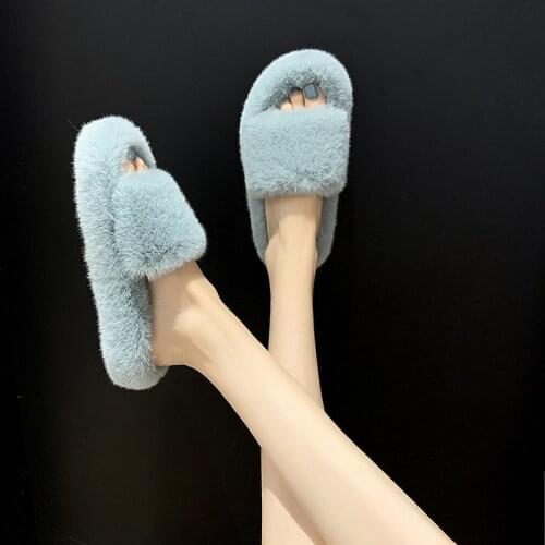 2020 Autumn & Winter New Casual Trendy Womens Shoes Open Toe Outer Wear Plush Shoes Plus Velvet One-word Cotton Slippers Women