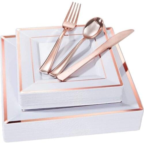 50pcs Gold Plastic Plates Disposable Silverware Golden Rim Square Plate Rose Dinnerware Set For Wedding Birthday Party Supplies