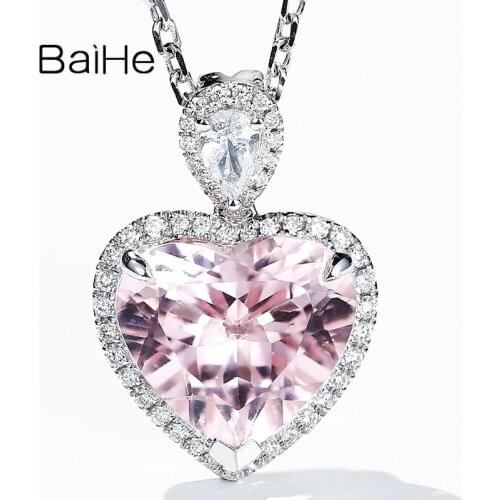 BAIHE Solid 14K White Gold 2.3ct Heart cut Natural Morganite Wedding Engagement Gift Fine Jewelry Heart pendant For Women