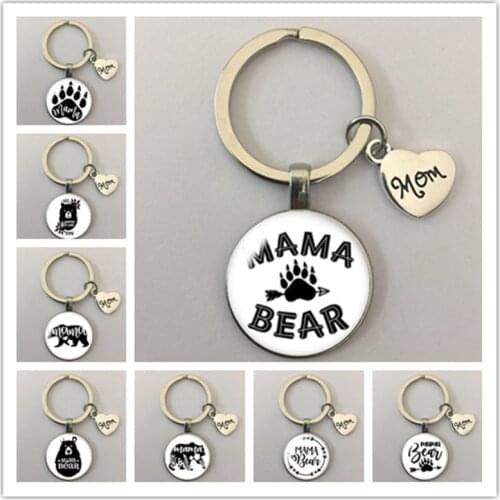 New hot-selling cute bear mothers footprints round glass glass cabochon silver plated keychain jewelry gift