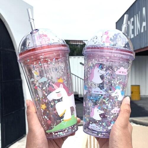 Dream Unicorn Water Bottle Straw Type With Lid 350ml Drinking Bottle Student Water Cup Cute Plastic Female Cartoon Kettle Mug