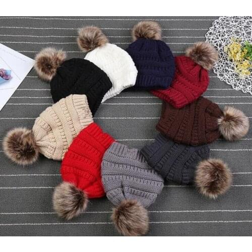 Kids PomPom Beanies Baby Knitted Winter Warm Hats Thick Stretchy Knit Beanie Cap Bobble Beanie Hats 9 Colors