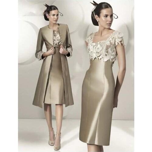 Elegant Sheath Lace Satin Mother Of The Bride Dress Knee-Length Party Mothers Dresses With Jacket Wedding Guest Dress