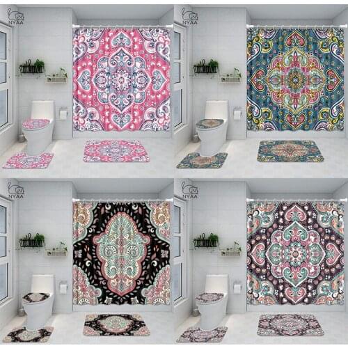 Ethnic Indian Floral Paisley Medallion Mandala Shower Curtain Set Vintage Arabic Art Bathroom Curtain Bath Mats Rugs Home Decor