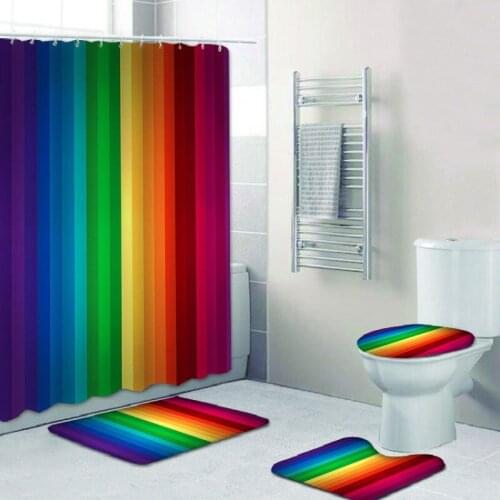 Home Shower Curtain Personalized Bathroom Floor Mat Base Mat Toilet Mat Combination 3D Digital Printing Rainbow Pattern