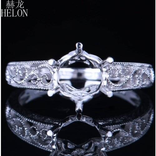 HELON Solid 10k White Gold Women Vintage Fine Jewelry Semi Mount Engagement Wedding Ring Setting Fit Round Cut 7.5-8mm