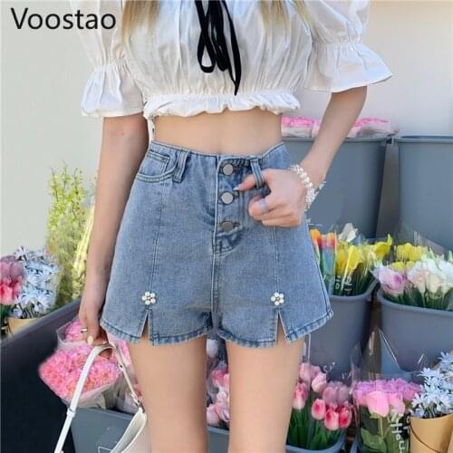Summer Sweet Straight Denim Shorts Women Harajuku High Waist Floral Pearls Slit Short Pants Korean Girls Chic Party Jeans Shorts