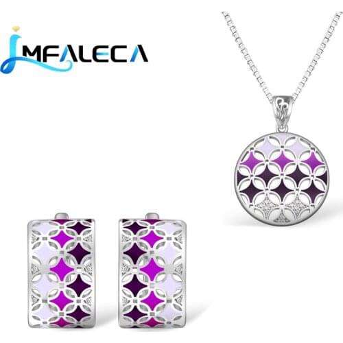 LMFALECA Silver Necklace Clip Earrings Set for Women 100% 925 Sterling Silver Pendant Gradual Purple Enamel Fine Wedding Jewelry