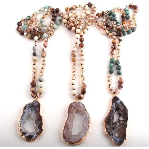 Fashion Bohemian Tribal Jewelry Crystal / Stone Long Knotted Irregular Druzy Stone Pendant Necklaces For Women