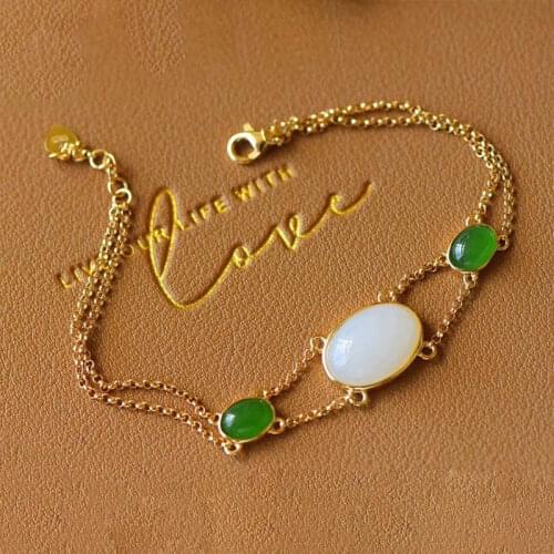 New S925 Sterling Silver Inlaid Hetian White Jade Jasper White Jade Bracelet Ancient Gold Craft Retro Classic Simple