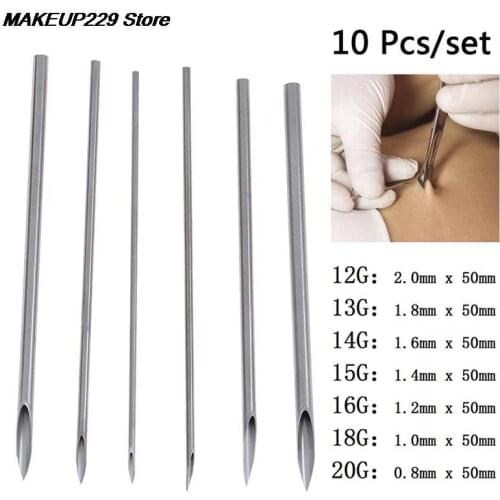 10pcs/set Disposable Tattoo 12g/14g/16g/18g Piercing Needles For Navel Nipple Ear Nose Lip Tattoo Piercing Needles Kit Tool