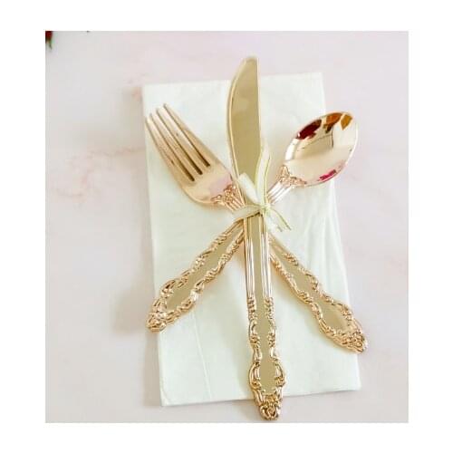 Factory Wholesales Plastic 20 Cm 7.87 Inch Knife Fork Spoon Napkin Set Gold Rose Gold Silver Cutlery Recyclable