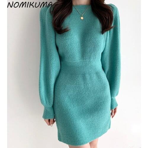 Nomikuma Autumn Winter Women Sweater Dress Slim Waist Elegant Knitted Dresses 2021 New Puff Sleeve O-neck Vestidos Mujer 6Z202