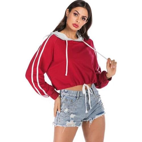 Autumn Loose Red Crop Top Hoodie Women 2020 Womens Clothes Loose Solid Long Sleeve Crop Top Pullover Sweatshirt Women