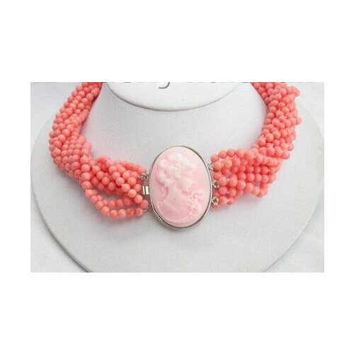 AAA 10 Strands natural pink coral necklace cameo clasp