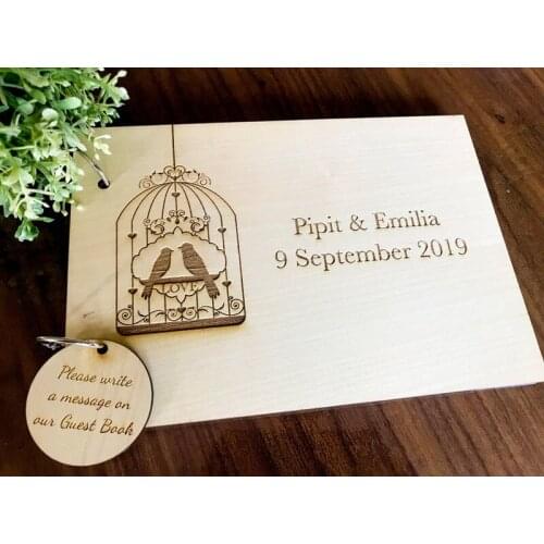 Personalised Engraved "Love Birds in Birdcage" Wedding Guest Book, Wedding Signature Wooden Cover Guestbook Party Favors