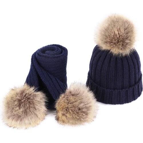 2020 New Fashion Winter Boys Girls Warm Thick Knitted Beanie Hats and Scarves Fur Pom Pom Hat Scarf Set for Children