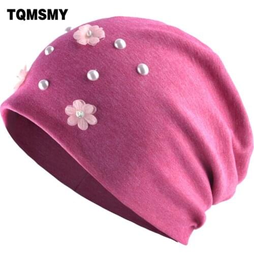 TQMSMY Flowers Beanie Hats Spring Autumn Cap Women Pearl Hat Slouchy Lady Baggy Caps Warm Skullies Knitted Beanies Hats TMDH41