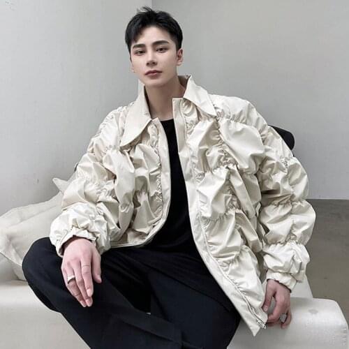 IEFB Elastic Fold Design Trend Jackets For Men 2021 Spring New Personality Niche Casual Zipper Coat Long Sleeve Oversize Clothes