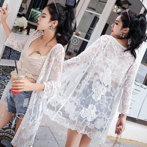 Women 2021 Summer Loose Air Conditioning Sunscreen Shirt Coat Jacket Female Solid Color Casual Thin Long Lace Blouse Top Y62