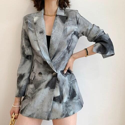 Spring Autumn Vintage Gray-green Tie-dye Print Female Blazer Jacket Loose Double Breasted Lapel Long Sleeve Women Casual Fashion