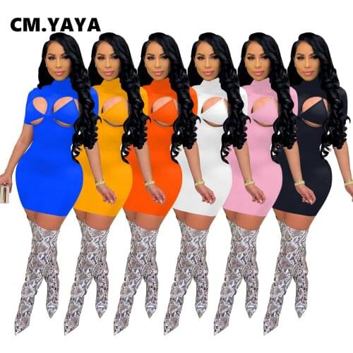 CM.YAYA Sexy Women 2 Piece Outfits Set Turtleneck Neck Cut Out with Bra Bodycon Midi Mini Dress Night Party Matching Set