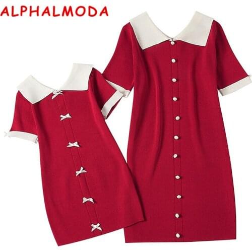 ALPHALMODA 2018 Summer Parenting Clothing Sets Short-sleeved Single Breasted Loose Knitted Vestidos Mother & Kids Summer Dress