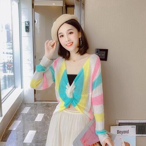 Women Fashion Sexy V-Neck Thin Top Clothes Cross Crop Tops Pullover Rainbow Stripes Long-Sleeved Sweater Woman 2020 AA5506