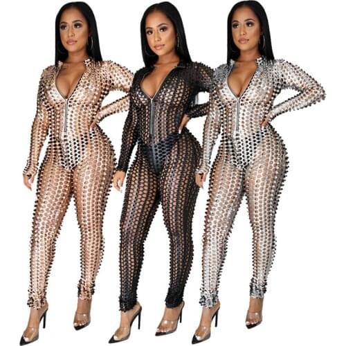 Women fall jumpsuit long sleeve hollow out see through sexy jumpsuits club wear