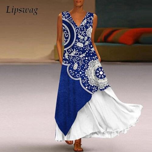 Retro Pattern Printed Fake Two Piece Dresses Women V Neck Patchwork Ruffle Party Dress 2021 Summer Sleeveless Pocket Maxi Dress