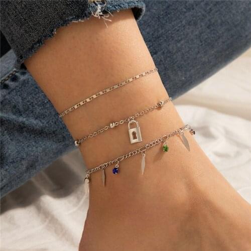 HuaTang 3pcs Boho Silver Color Lock Crystal Pendant Anklet Set for Women Multilayer Adjustable Foot Chains Female Beach Jewelry