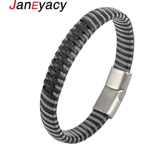 Janeyacy Punk Men Jewelry Black/Brown Braided Leather Bracelet Stainless Steel chain Magnetic Clasp Fashion Bangles Pulseira