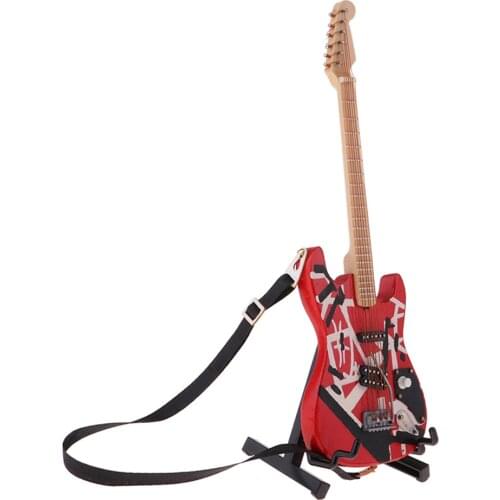 18cm Dollhouse Miniature Wooden Guitar With Stand Model For 1/6 BJD Doll Red