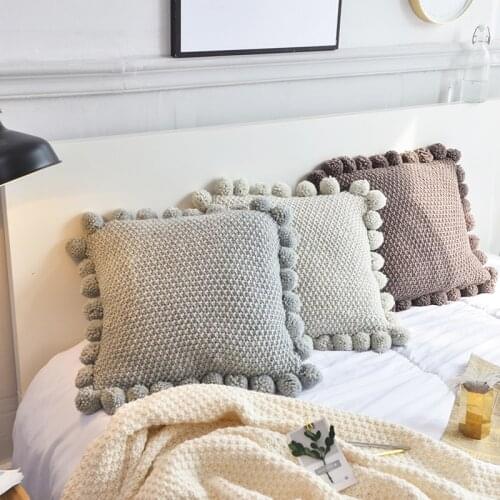 DUNXDECO Cushion Cover Square Decorative Pillow Case Nordic Simple Plain Gray Knitting Big Balls Throw Warm Room Sofa Chair Deco