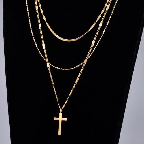 Stainless Steel Gold Minimalism Multichamber Cross Chain Link Pendant Necklace Religious Prayer Gift For Him