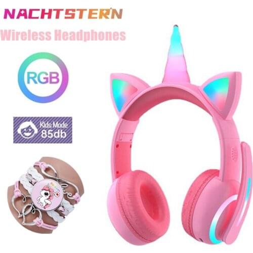 New Unicorn Wireless Headset LED light with 3 Shining Modes Noise Reduction Microphone Soft Leather Head Cushion Casco Kids Gift