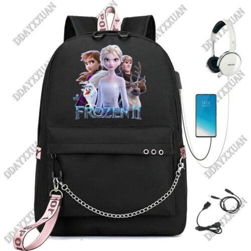 Disney Frozen Leisure USB Chargeable Backpack Female Creative Pattern Soft Girl Student Schoolbag Female