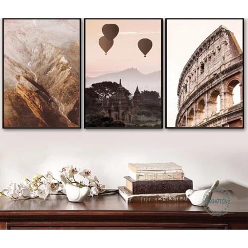 Nordic Canvas Painting Abstract Mountain Colosseum Rustic Door Waterfall Balloon Poster Wall Art Print Pictures for Room Decor
